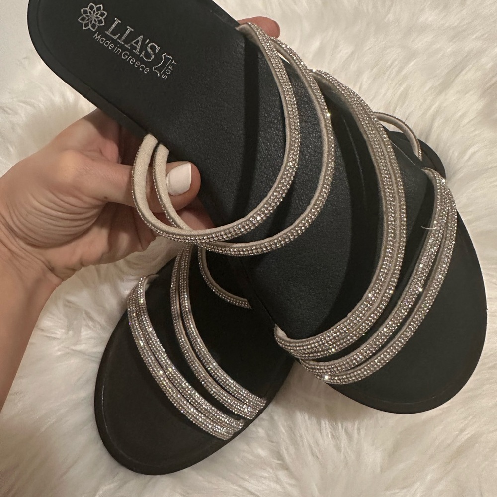 Women's Black and Silver Sandals